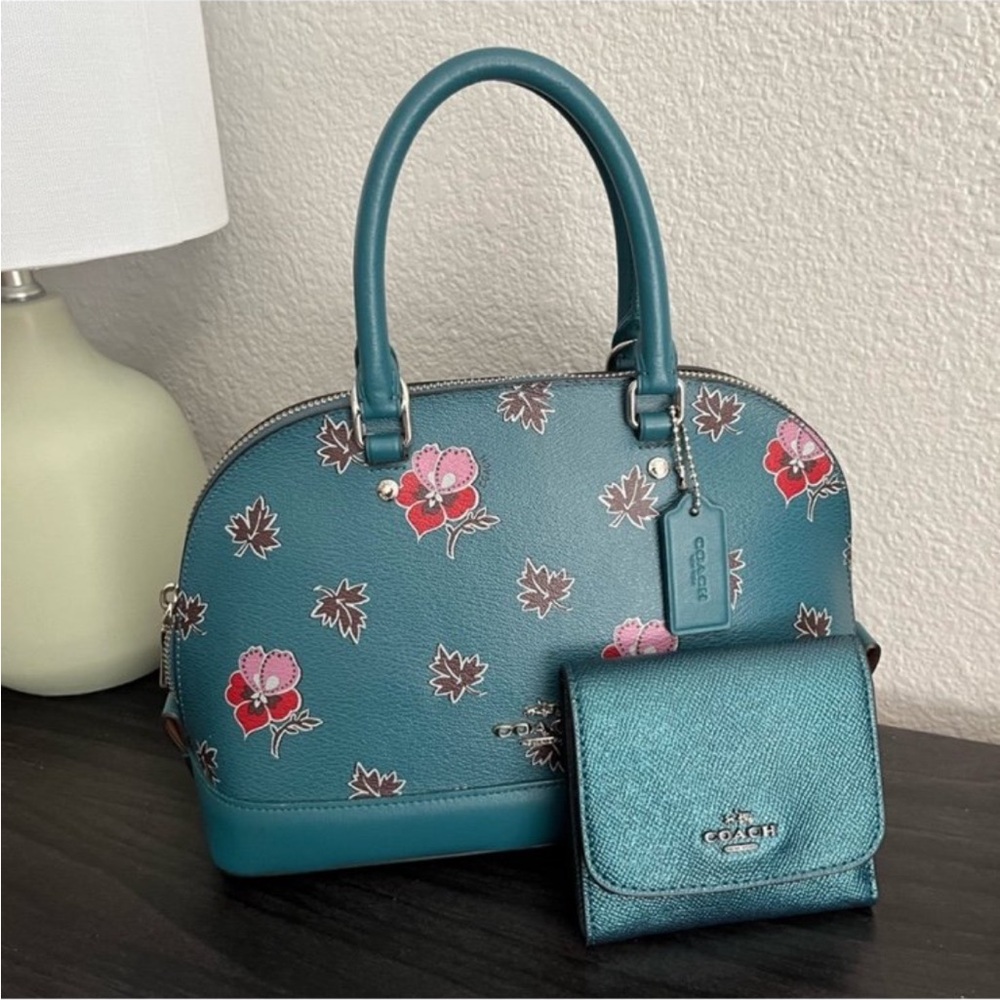 Coach Teal Floral Mini Dome Satchel with Metallic Teal Wallet